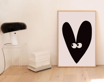 Arte de pared imprimible de corazón de ojos negros, minimalista en blanco y negro, descarga instantánea, póster de estilo escandinavo, decoración moderna para sala de estar (20 tamaños)