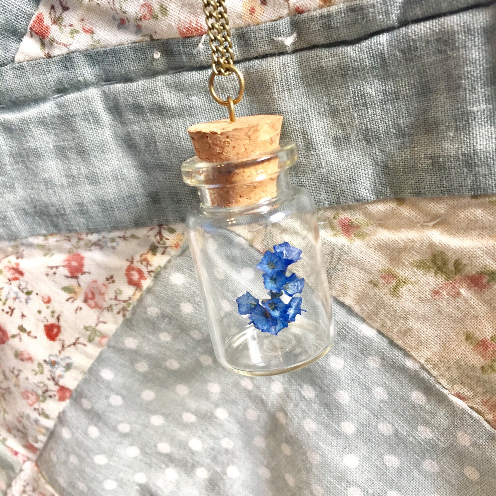 Dried blue flower glass jar necklace | Etsy