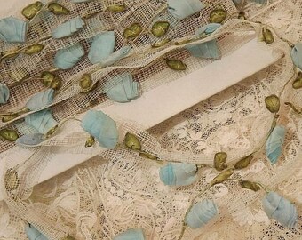 RARE Antique Vintage French 1900's Antique Blue SILK Hand Made Ribbon ROSETTES Flowers Trim