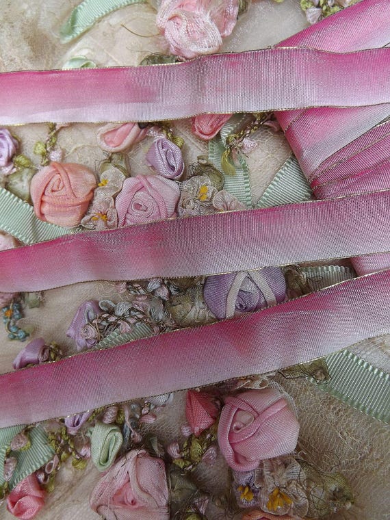 BTY Antique French Silk /& Gold Metallic Ribbon Work Pink /& Green Rosettes c1920