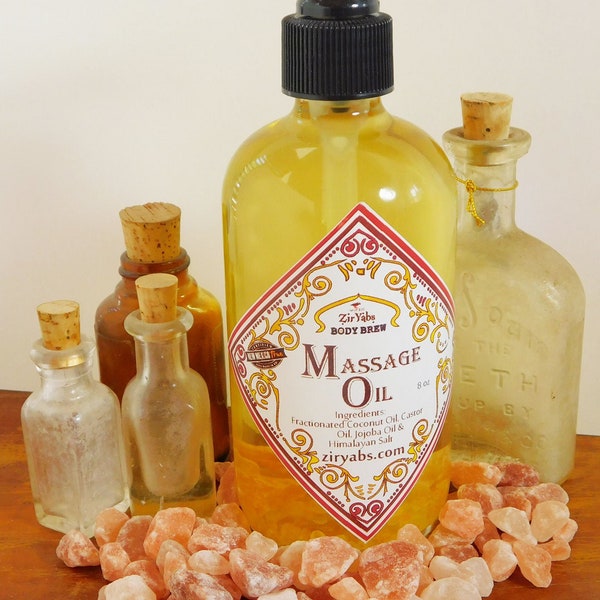 Huile de massage au sel de l'Himalaya, huile de noix de coco fractionnée, huile de ricin, huile de jojoba avec votre choix d'huiles essentielles