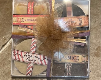 Männerseifenkiste mit Sandelholzseife, Kieferteer-Seife, Rasierseife und Bimssteinseife