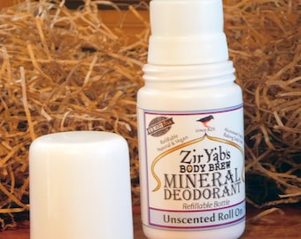 Mineral Deodorant | Unscented | Roll On | 2.5 oz Refillable Bottle | Vegan | Baking Soda Free | Aluminum Free