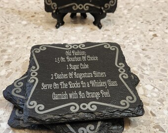 Cocktail Recipe Design, Drink Coasters. Laser Engraved Slate Coasters,