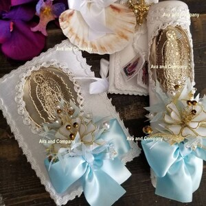 Blue Gold Baptism candle set/Virgen de Guadalupe/Communion Candle Set/Vela de Communion/Vela de Bautizo