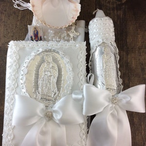 Communion religious candle set, Baptism boy candle set/Virgen de Guadalupe, white baptism candle