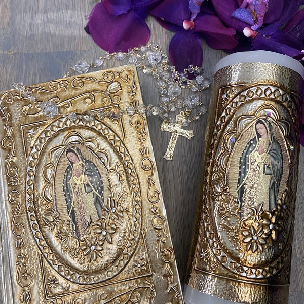 Quinceanera gift, wedding bible/Virgen de Guadalupe Repujado/Embossed Virgin Bible/crystal rosary, Handmade, made to order, wedding bible