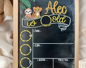 Personalisierte Baby-Meilenstein-Tafel, handbemalte Zootiere (17x23)