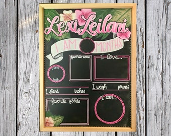 Personalized Baby Milestone Chalkboard, Hand-Painted Tropical Design