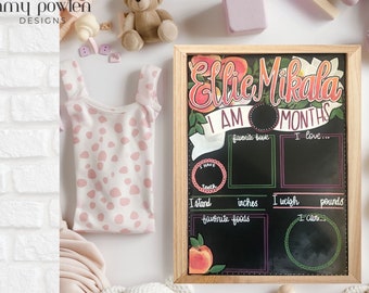 17x23 Reusable monthly baby milestone chalkboard/  Personalized Photo prop/peaches/modern floral/baby stat board/ girl