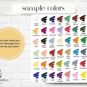 May include: A chart of 36 colour swatches with names for each colour. The colours are arranged in rows and columns. The colours include Arctic White, Bluebell, Black, Brick Red, Bright Green, Burnt Sienna, Burnt Umber, Buttercup, Cabernet, Carnation, Country Blue, Crimson, Desert Cactus, English Cucumber, Flesh, Forest Green, Forget Me Not, Gardenia, Glacier Blue, Golden Yarrow, Green Apple, Harebell, Honeysuckle, Jubilee Cherry, Marigold, Moss Green, Peacock, Periwinkle Blue, Primrose, Pumpkin, Rust, Salsa Verde, Sedum, Slate Grey, Strawberry, True Blue, Victorian Blue, Violet, Wild Heather, Wild Rose, Wisteria, and Yellow.