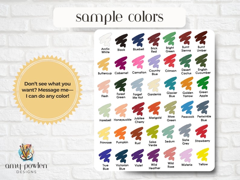 May include: A chart of 36 colour swatches with names for each colour. The colours are arranged in rows and columns. The colours include Arctic White, Bluebell, Black, Brick Red, Bright Green, Burnt Sienna, Burnt Umber, Buttercup, Cabernet, Carnation, Country Blue, Crimson, Desert Cactus, English Cucumber, Flesh, Forest Green, Forget Me Not, Gardenia, Glacier Blue, Golden Yarrow, Green Apple, Harebell, Honeysuckle, Jubilee Cherry, Marigold, Moss Green, Peacock, Periwinkle Blue, Primrose, Pumpkin, Rust, Salsa Verde, Sedum, Slate Grey, Strawberry, True Blue, Victorian Blue, Violet, Wild Heather, Wild Rose, Wisteria, and Yellow.