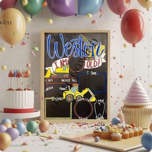 May include: A birthday-themed chalkboard sign with the name "Weston" in blue script. The sign includes spaces for age, height, weight, and favorite things, with yellow construction vehicle illustrations. Balloons, a cake, and cupcakes decorate the scene.