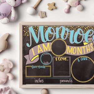 17x23 Reusable Monthly baby milestone board/Baby stat board/Personalized Photo prop/Modern script & confetti/monthly chalkboard