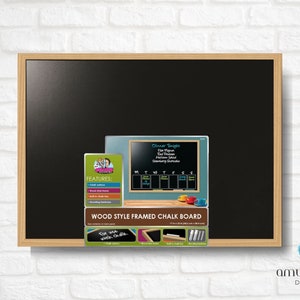 May include: A black framed chalkboard with a wood-style frame. The chalkboard is blank, but there are smaller images of chalkboards with text and a list of features. The text on the chalkboard says "Dinner Tonight" and lists a menu. The text on the smaller chalkboard says "For you, with love, On the Chalkboard".