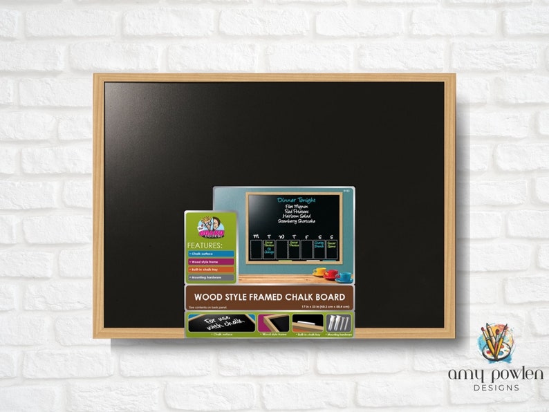 May include: A black framed chalkboard with a wood-style frame. The chalkboard is blank, but there are smaller images of chalkboards with text and a list of features. The text on the chalkboard says "Dinner Tonight" and lists a menu. The text on the smaller chalkboard says "For you, with love, On the Chalkboard".