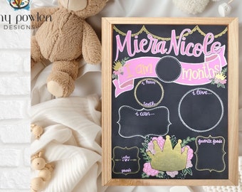 Baby milestone chalkboard/Personalized month by month/Reusable photo prop/custom chalkboard sign/ princess crown/ girl