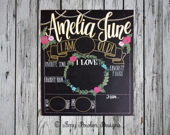 17x23 Reusable monthly baby milestone chalkboard/Personalized Photo prop/ Floral chic/ Newborn stat board/ girl