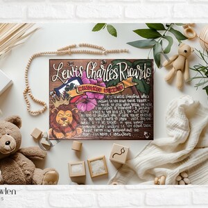 Hand-painted name meaning sign/Scripture/Child&#39;s personalized name sign/adoption gift/baby shower/lion/king