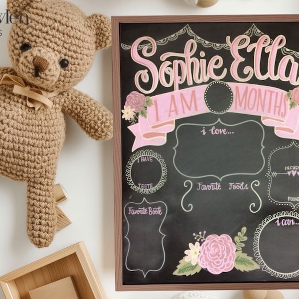 17x23 Reusable monthly baby milestone chalkboard/  Personalized Photo prop/ Shabby chic floral/baby stat board/ girl