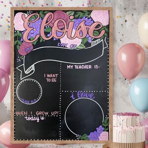 17x23 custom first last day of school chalkboard/personalized/floral/highlights/photo prop/girly/reusable/pink purple
