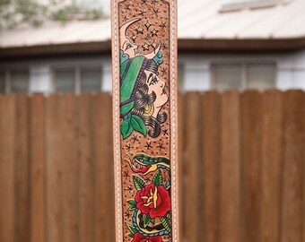 Handmade Tooled & Inked Leather Guitar Strap -- Light and Darkness Traditional Tattoo Style