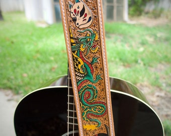 Handmade Tooled & Inked Leather Guitar Strap -- Japanese Traditional Tattoo Style