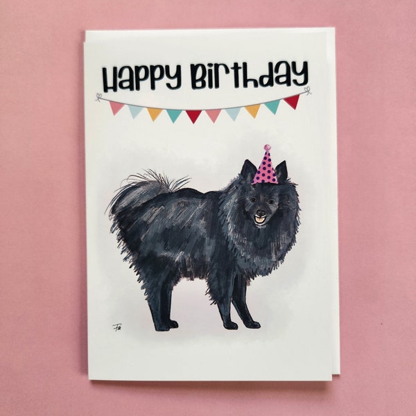Spitz Mittel Dog, Happy Birthday Card, Hand drawn, Black coat, 5x7 Greeting Card 212B