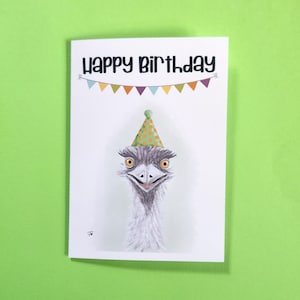 Emu Vogel, alles Gute zum Geburtstag Karte, Hand gezeichnet, grau und weiß, 5x7 Grußkarte 215B