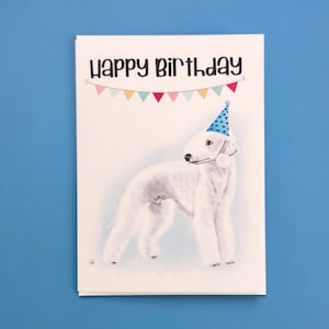 Cachorro Bedlington Terrier Macho, Cartão de Feliz Aniversário, Desenhado à Mão, Pelagem Branca, Cartão de Saudação 5x7 203B