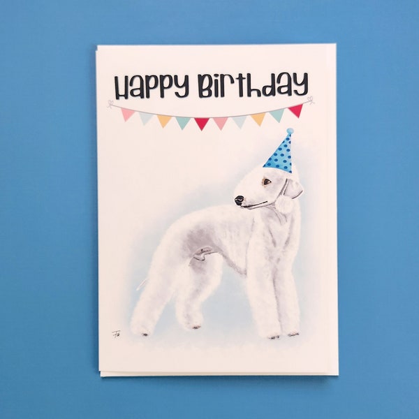 Bedlington Terrier Male Dog, Happy Birthday Card, Hand drawn, White Coat, 5x7 Greeting Card 203B