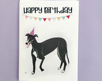 Greyhound Black Tuxedo Dog, biglietto di auguri di buon compleanno, disegnato a mano, mantello bianco e nero, biglietto di auguri 5x7 213B