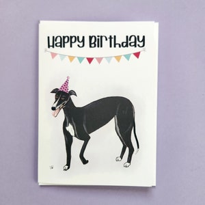 Chien lévrier noir smoking, carte de joyeux anniversaire, dessinés à la main, pelage noir et blanc, carte de voeux 5 x 7 213B