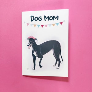 Cartão de Dia das Mães Greyhound Black Tuxedo Dog Mom, desenhado à mão, pelagem preta e branca, 5x7 Cartão de felicitações 213 M
