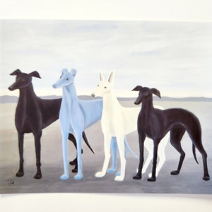 Sighthounds on Beach Art Print, Greyhounds Lurchers Whippets, 8x10 plain or matted, gray black white blue dogs #216P