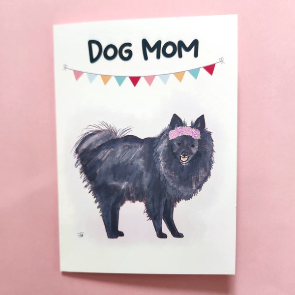 Spitz Mittel Dog Mom Mother's Day Card, Hand drawn, Black coat, 5x7 Greeting Card 212M