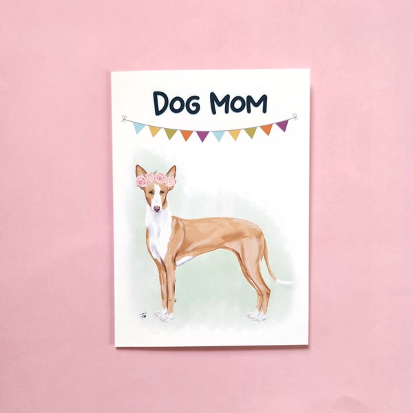 Podenco Hound Dog Mom Mother's Day Card, Hand drawn, Tan and White, 5x7 Greeting Card 206M