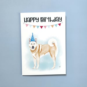 Jindo Dog Happy Birthday Card, met de hand getekend, bruine en witte jas, 5 x 7 wenskaart 201B