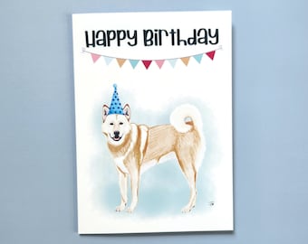 Jindo Dog Happy Birthday Card, Hand drawn, Brown and white coat, 5x7 Greeting Card 201B