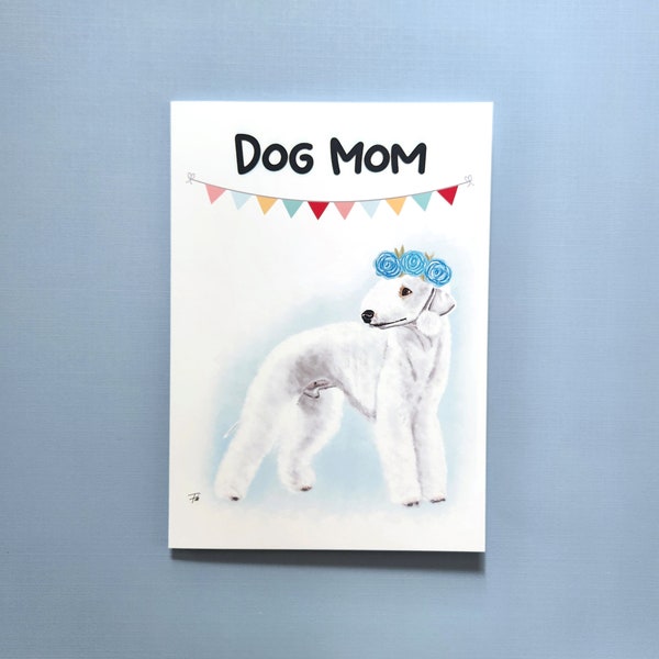 Bedlington Terrier Male Dog Mom Mother's Day Card, Hand drawn, White Coat, 5x7 Greeting Card 203M