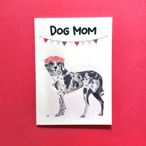 Catahoula Spotted Hound Dog Mom Karte, handgezeichnet, grauer und weisser Leopard, 13x18 Grußkarte 204 M