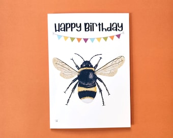 Bumble Bee, Happy Birthday Card, Hand drawn, 5x7 Greeting Card 218B