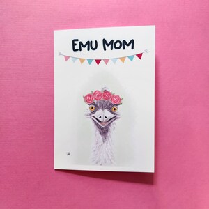 Emu Vogel Mama Muttertagskarte, Hand gezeichnet, Grau und Weiß, 5x7 Grußkarte 215 M