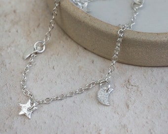 Sterling Silver Star and Moon Charm Bracelet