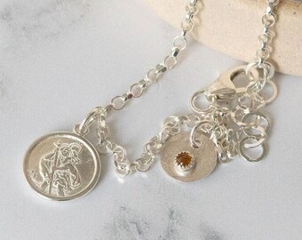 Sterling Silver St Christophers Ladies Personalised Birthstone Bracelet