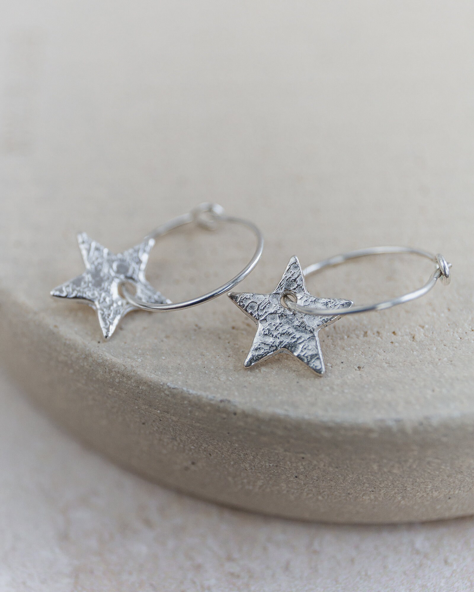 Sterling Silver Star Textured Charm Hoop Earrings Etsy