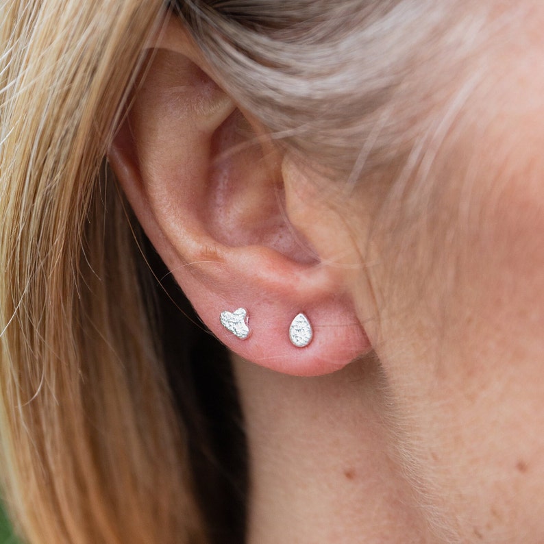 sterling silver mini stud collection that you can mix and match your own personalised pair of mini studs handmade by Lucy Kemp Jewellery - examples of mismatched pairs clouds and raindrops