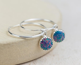 Sterling Silver Large Gemstone Teal Opalite Hoop Earrings