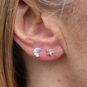 sterling silver mini stud collection that you can mix and match your own personalised pair of mini studs handmade by Lucy Kemp Jewellery - examples of mismatched pairs star and moon
