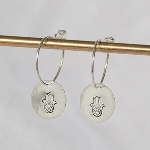 Sterling Silver Hamsa Hand Stamped Large Charm Hoops Earrings